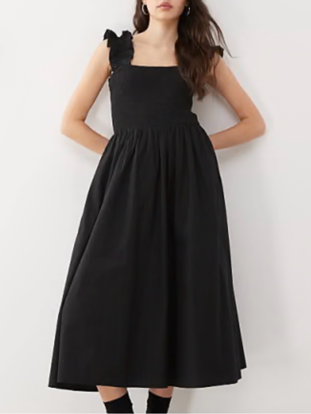 Wayf Black Smocked Bodice Midi Dress with Ruffle Straps